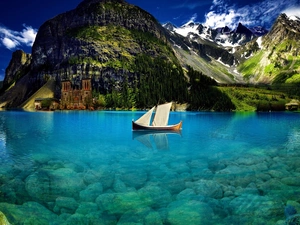 Mountains, lake, Boat, clear
