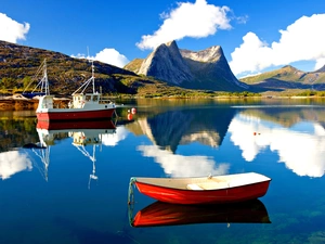 Boats, reflection, clouds, lake, Mountains